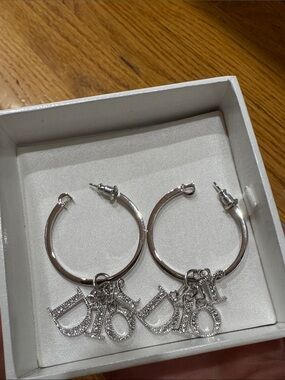Dior Silver Hoop Earrings with Crystal 'DIOR' Letter Charms